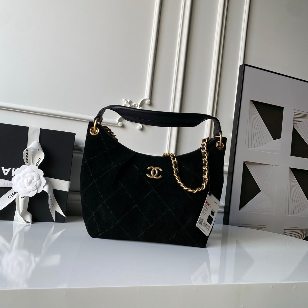 CHANEL 25S HOBO BAG 31 IN BLACK SUEDE WITH GOLD HARDWARE